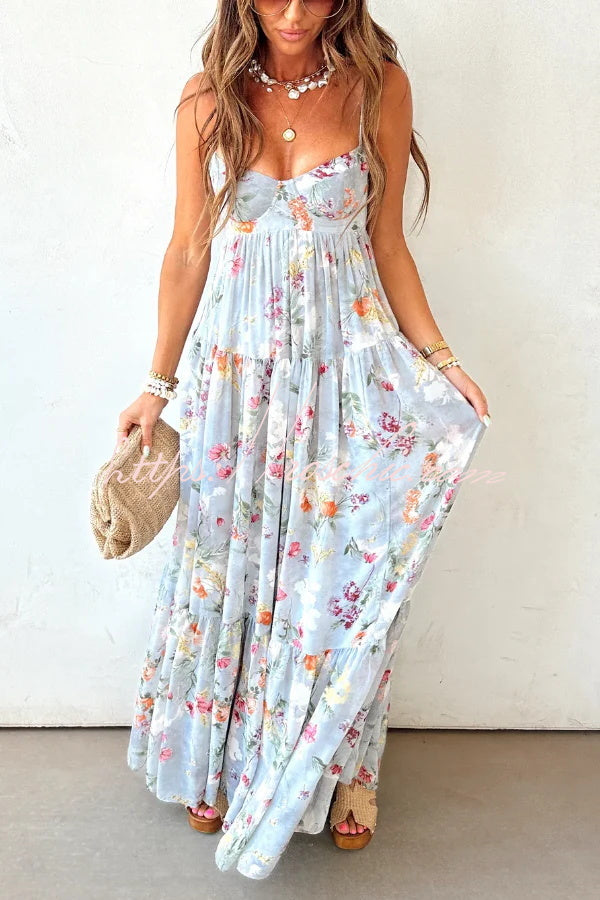 Bohemian Floral Print Chiffon Backless Wide Hem Loose Maxi Dress