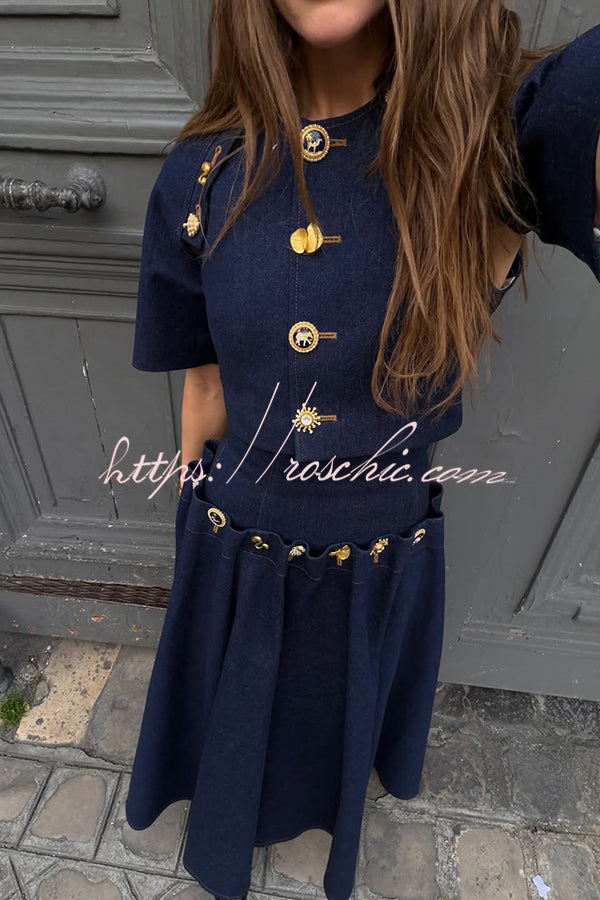Custom Look Denim Unique Metal Pattern Buttons Lace-up Waist Crisp Hem Maxi Skirt