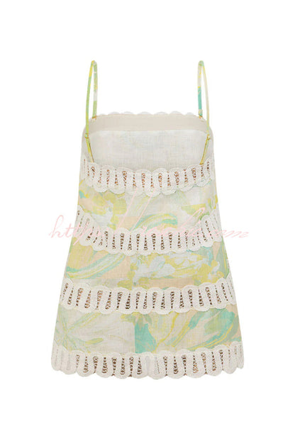 Summer Elegant Printed Curved Crochet Trim Camisole Top and Elastic Waist Casual Pocket Wide-leg Pants Set