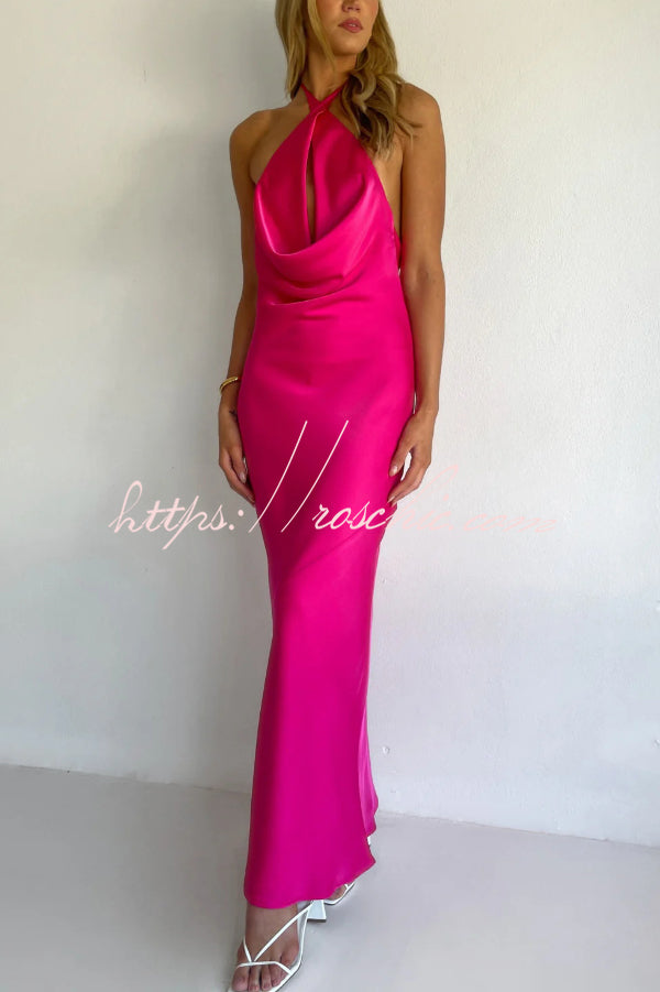 Solid Color Halter Neck Tie Backless Slim Fit Drape Maxi Dress