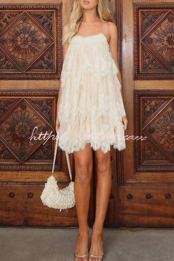 Ophelia Layered Lace Trim Tiers Adjustable Straps Backless A-line Mini Dress