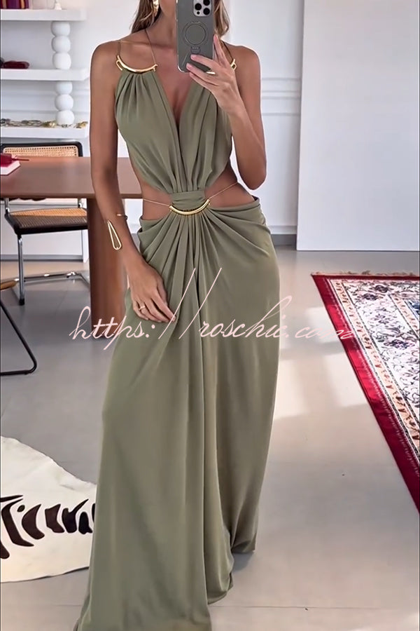 Athena Metal-Link Cutout Design Back Lace-up Drape Maxi Dress
