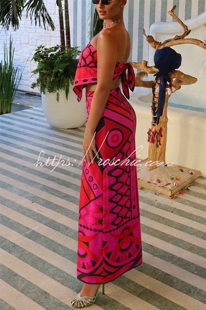 Annalisa Satin Unique Print Scarf Strapless Top and High Rise Wide Leg Pants Set