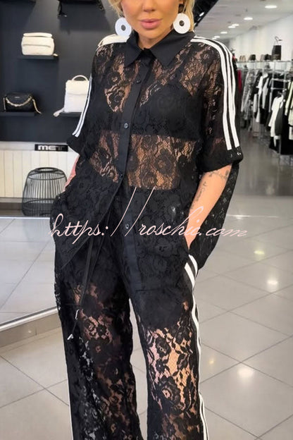 Mix Fashion Lace Striped Trim Short Sleeve Button Shirt and Elastic Waist Pocket Loose Pants Set