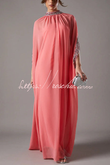 My Dearest Chiffon Sequin Trim High Neck Batwing Cutout Sleeve Cape Maxi Dress