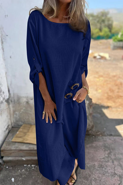 Jamilah Linen Blend Ring Detail Midi Blouse  and Elastic Waist Pocketed Loose Pants Set