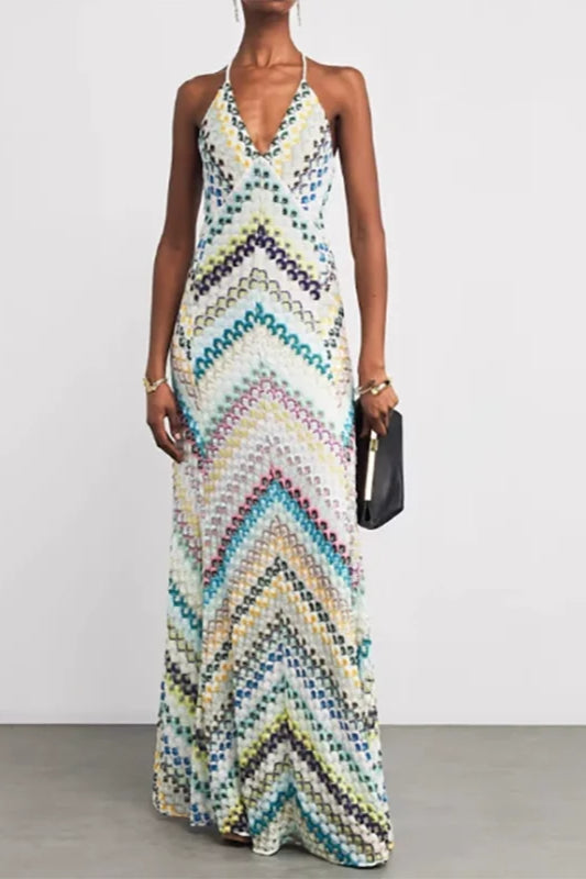 Vestido Boho con Cuello en V y Colores en Contraste