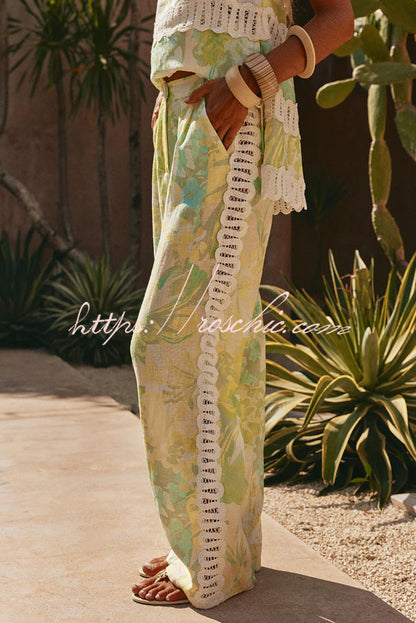 Summer Elegant Printed Curved Crochet Trim Camisole Top and Elastic Waist Casual Pocket Wide-leg Pants Set