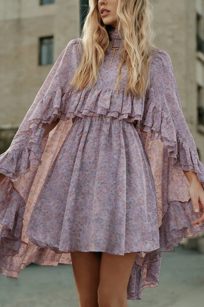 Solid Color Loose Stand Collar Ruffled Top and V-neck Camisole Fitted Waist Mini Dress Set