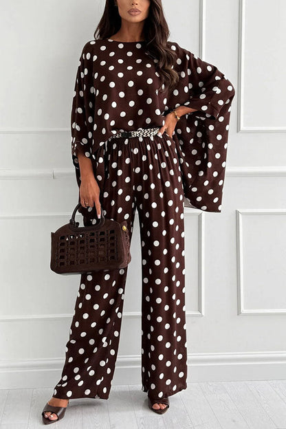 Verne Linen Blend Polka Dot Batwing Sleeve Top and Elastic Waist Pocket Loose Pants Set