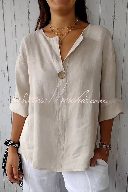 Solid Color Casual Button V-neck Loose Top