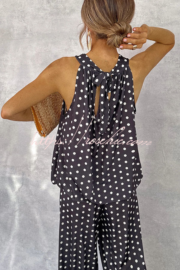 Imanie Polka Dot Print Back Tie-up Tank and Elastic Waist Wide Leg Pants Set