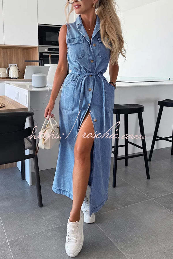 Solid Color Sleeveless Single Breasted Waist Tie Casual Pocket Denim Midi Dress