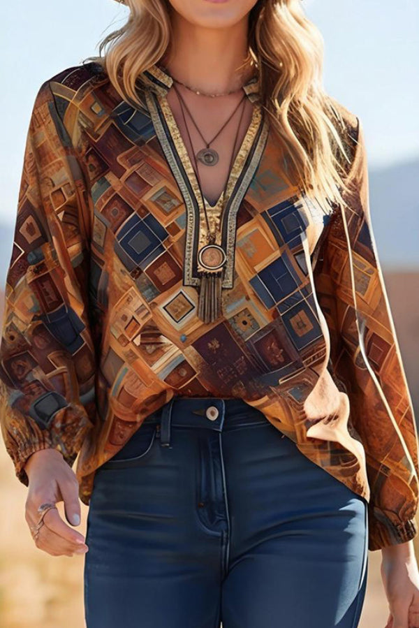 Bohemian-style Unique Print V-neck Long-sleeved Loose Top