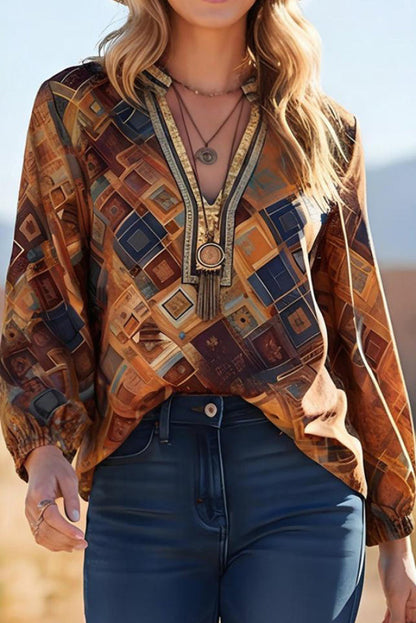 Bohemian-style Unique Print V-neck Long-sleeved Loose Top