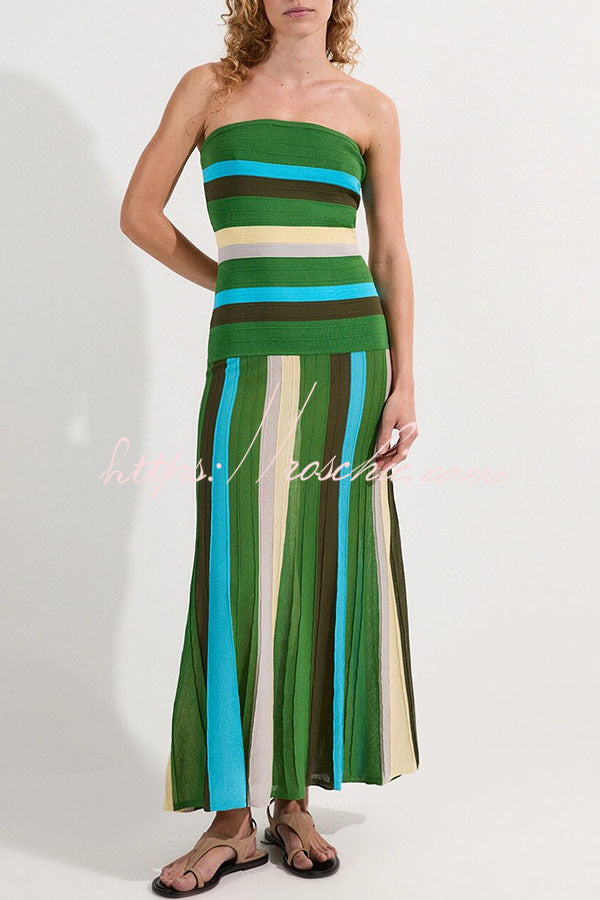 A Splash of Color Knit Color-Block Striped Off Shoulder Stretch Maxi Dress