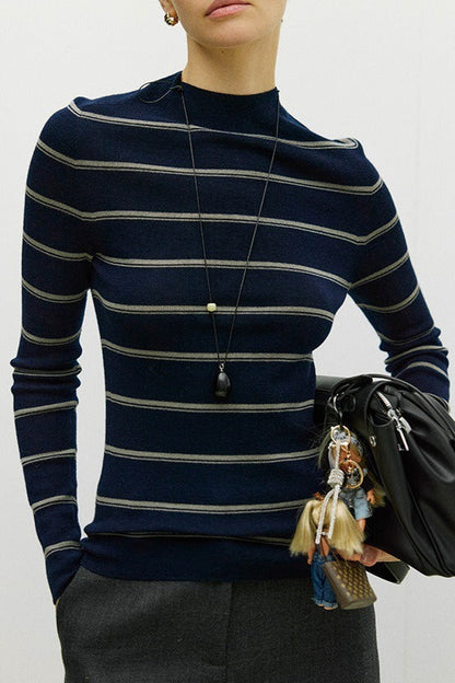 Seamless Stripe Mock Neck Knit Top