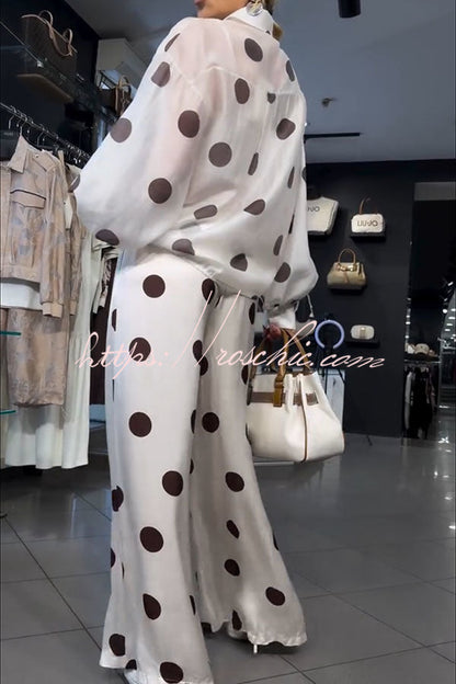Grazia Polka Dot Sheer Long Balloon Sleeve Shirt and Elastic Waist Pocket Wide Leg Pants Set