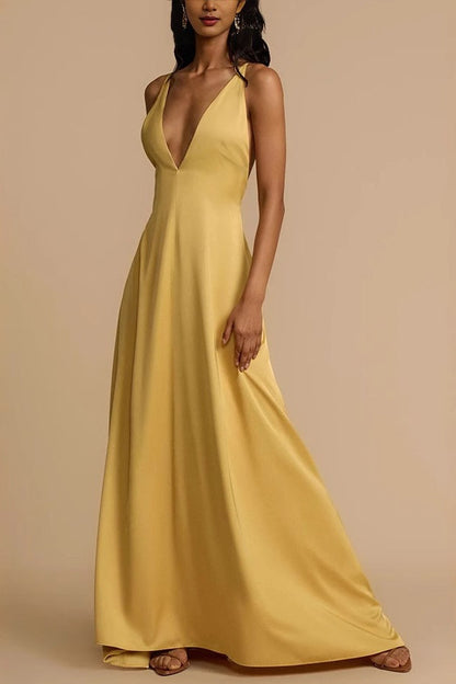 Satin Deep V Backless Maxi  Silk Dress