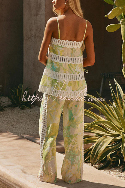 Summer Elegant Printed Curved Crochet Trim Camisole Top and Elastic Waist Casual Pocket Wide-leg Pants Set
