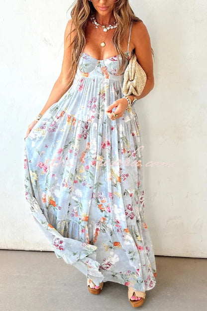 Bohemian Floral Print Chiffon Backless Wide Hem Loose Maxi Dress