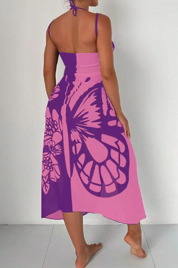 Fashionable Color-blocked Butterfly Print Resort Cover-up Midi Dress