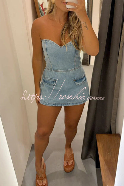 Avantie Denim Off Shoulder Back Smocked Zipper Romper