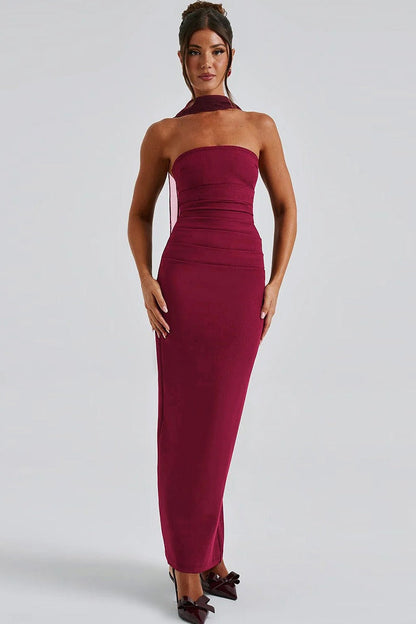 Vestido de gala tipo bustier con mangas transparentes