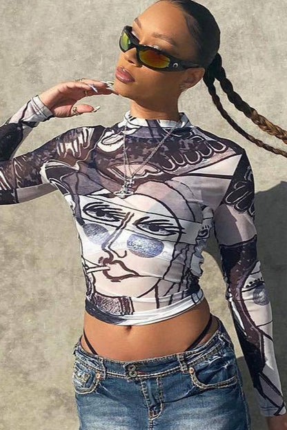 Sexy Sheer Mesh Print Round Neck Long Sleeve Blouse
