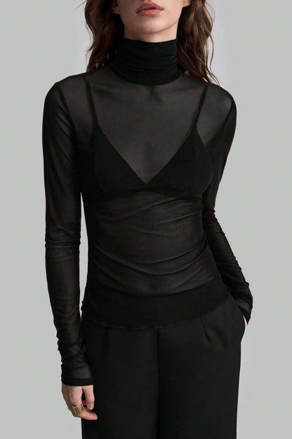Camiseta de manga larga ajustada de malla lisa con cuello alto
