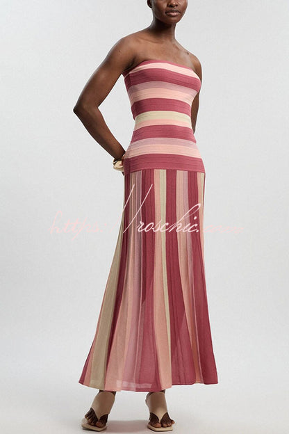 A Splash of Color Knit Color-Block Striped Off Shoulder Stretch Maxi Dress