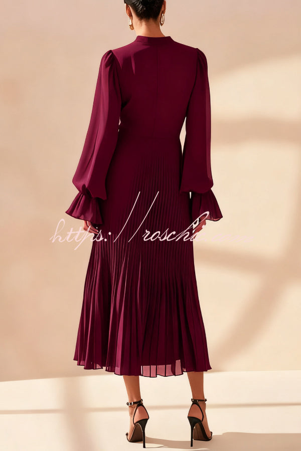Solid Color Round Neck Long Sleeve Fitted Waist Pleated Ruffle Midi Dress