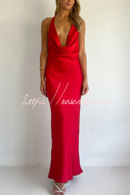 Solid Color Halter Neck Tie Backless Slim Fit Drape Maxi Dress