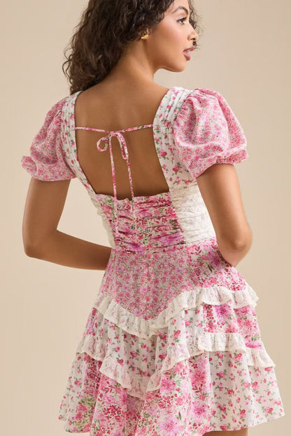 Floral Lace Patchwork V Neck Puff Short Sleeve Mini Dress