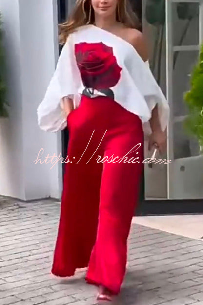 Elegant Rose Print Long Sleeve Belted Wide Leg Pants Suit