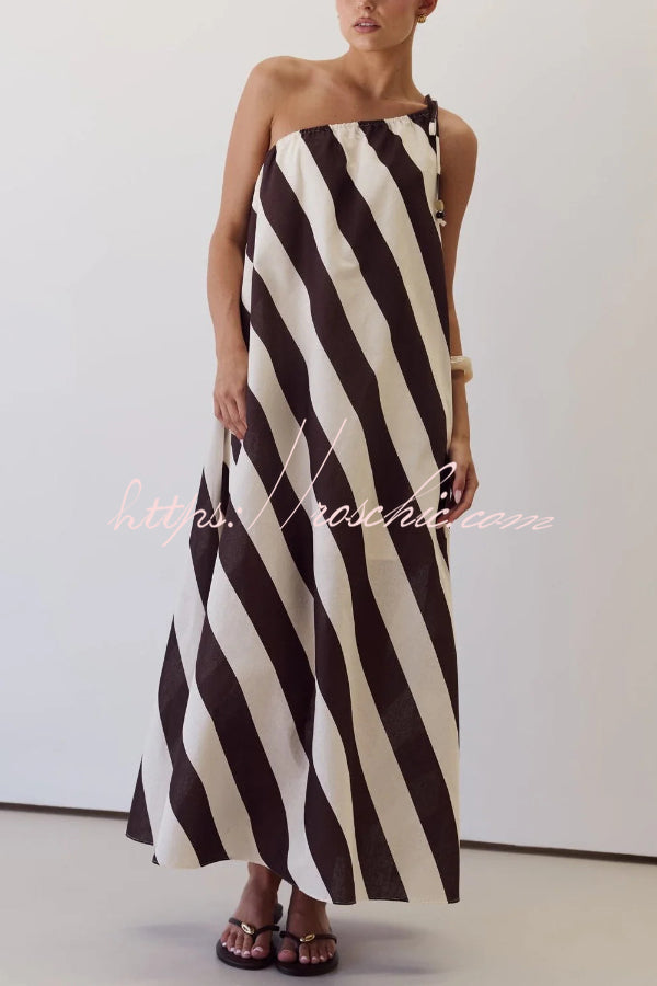 Fashionable Striped Print Loose One-shoulder Tie Vacation Maxi Dress