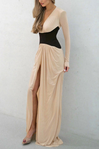 Stylish Color-blocked V-neck Long-sleeved Elegant High-slit Slim-fit Maxi Dress