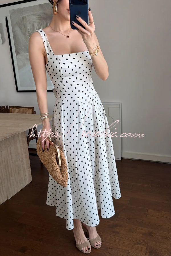Ultimate Elegance Polka Dot Print Square Neck tie-up waist Flare midi Dress