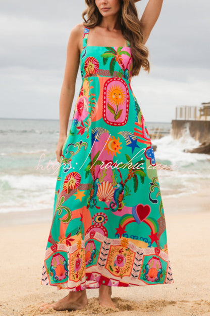 Unique Print Square Neck Spaghetti Strap Back Pleated Casual Maxi Dress