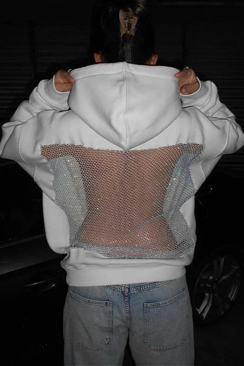 Sudadera casual deportiva con capucha de manga larga y recortes de malla