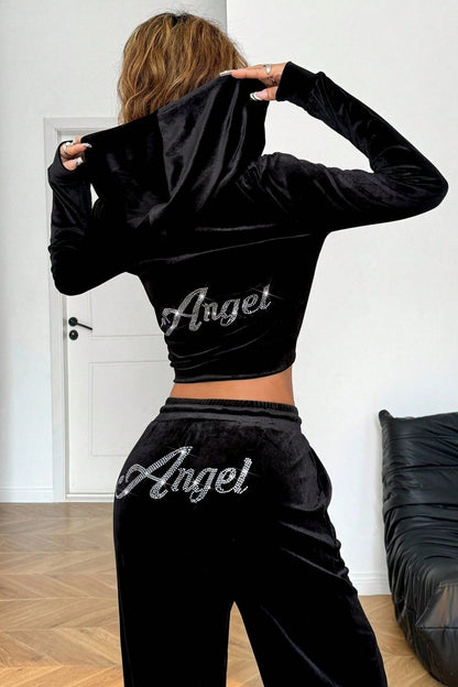 Y2K Retro Solid Loose Hooded Cardigan Two Piece Set