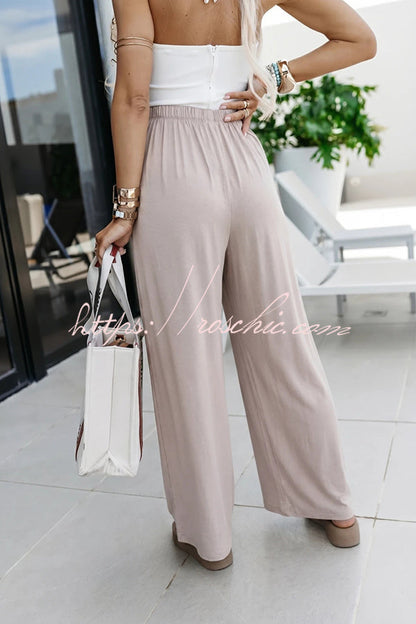 Mezcal High Rise Metal Buckle Elastic Waist Belt Slit Wide Leg Pants