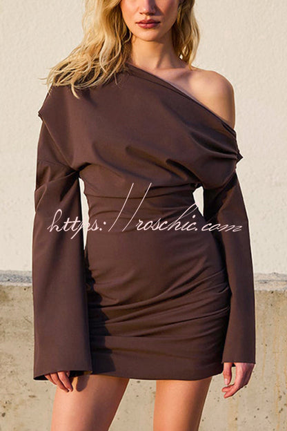 Solid Color Off-neck Long-sleeved Fitted Waist Casual Mini Dress