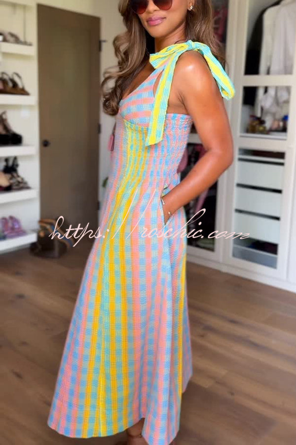 Sweet Colorful Plaid Scoop Neckline Adjustable Shoulder Ties Pocket Midi Dress