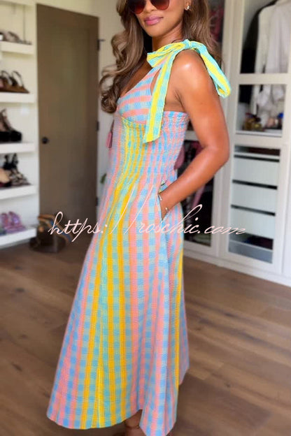 Sweet Colorful Plaid Scoop Neckline Adjustable Shoulder Ties Pocket Midi Dress