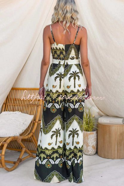 Unique Print Casual Spaghetti Strap High Waist Resort Loose Wide Leg Jumpsuit