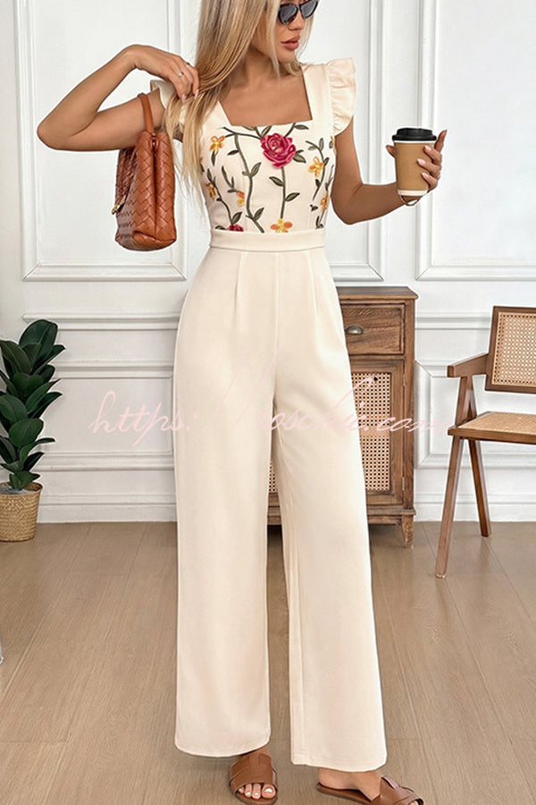 Floral Embroidered Ruffle Trim Jumpsuit