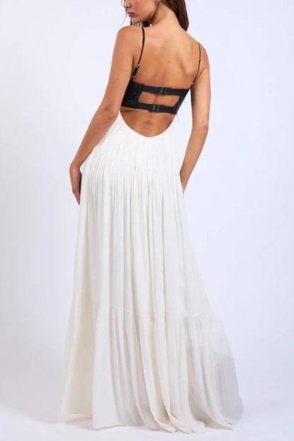 Stylish Leather Patchwork Suspender Casual Vacation Style Maxi Dresses