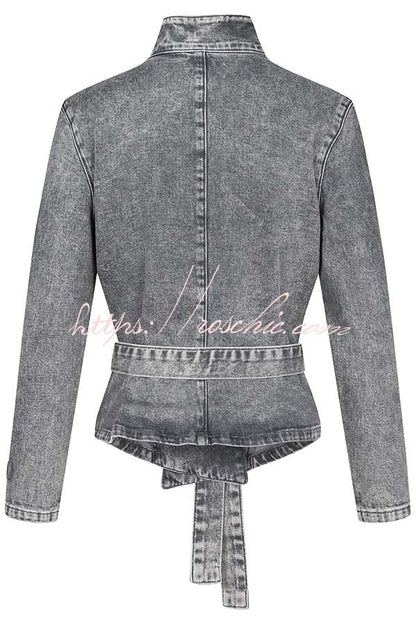 Casual Meetup Denim Stand Neck Long Sleeve Belted Loose Jacket