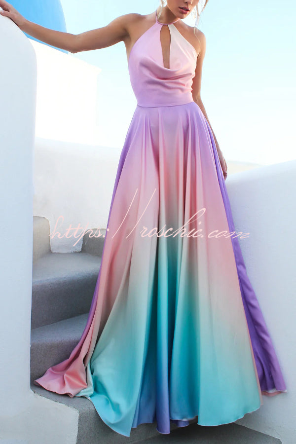 Fashionable Gradient Halter Neck Backless Tie-up Elegant Full Hem Maxi Dress